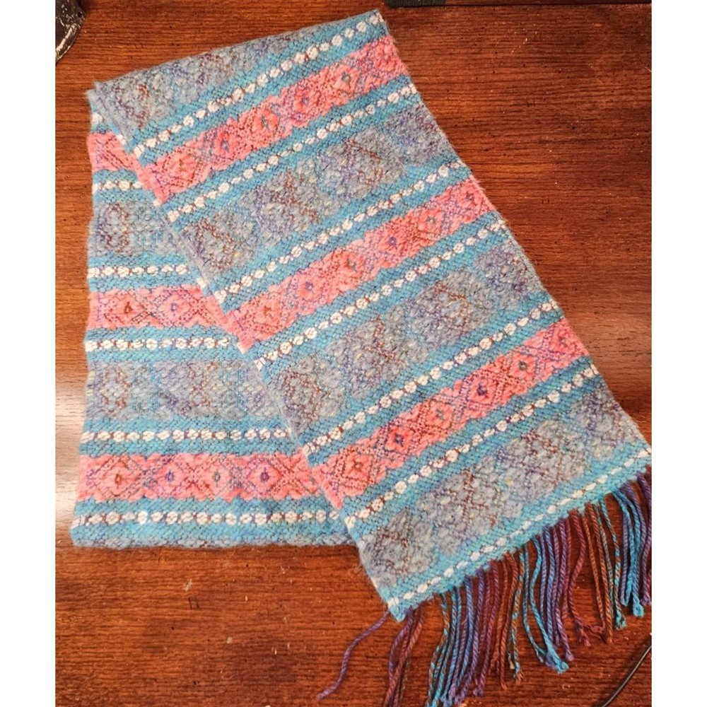 Victoire Mathieu Paris Mohair Blend Scarf Blue & Salmon Pink Made in France 64"